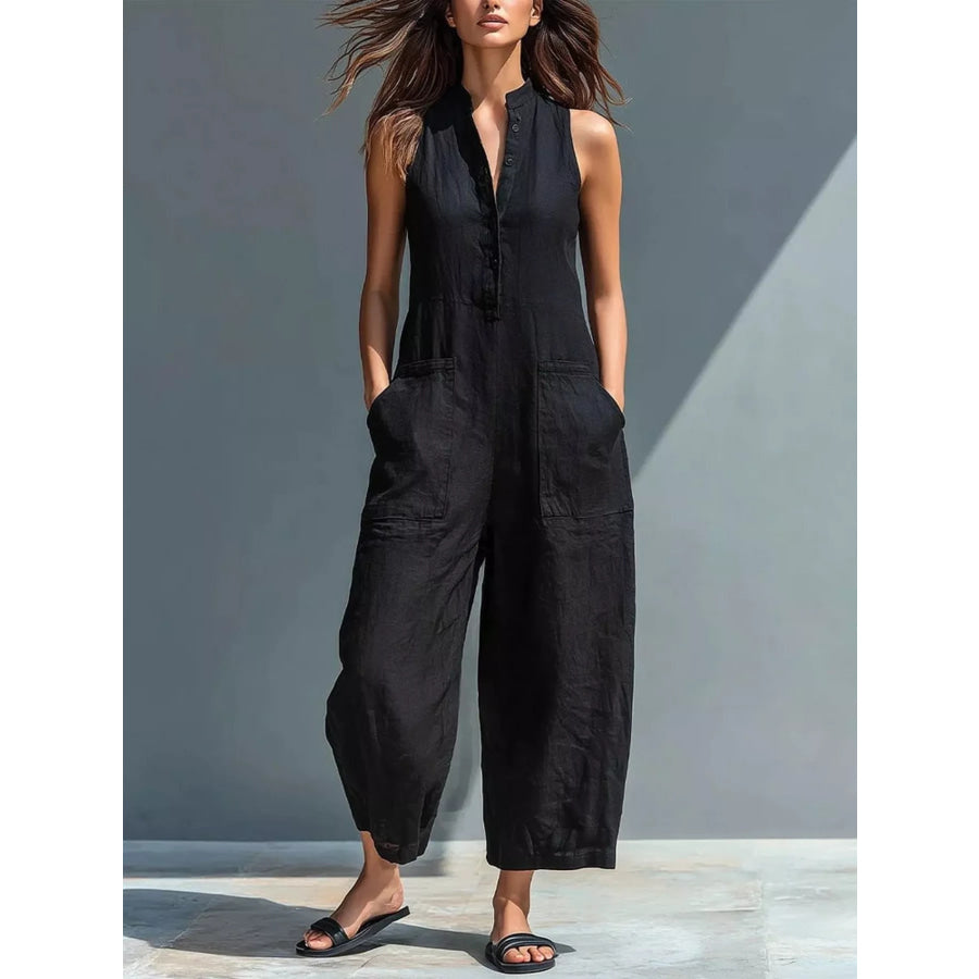 Full Size Button Front Sleeveless Jumpsuit Plus Black / S Apparel and Accessories