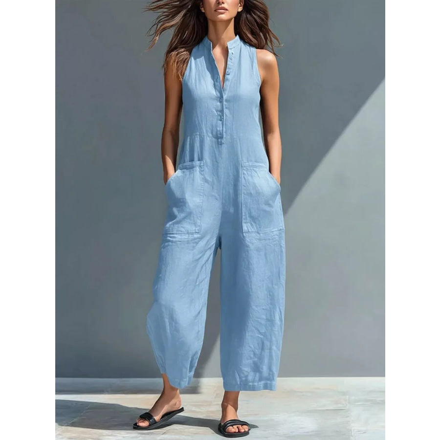 Full Size Button Front Sleeveless Jumpsuit Plus Sky Blue / S Apparel and Accessories