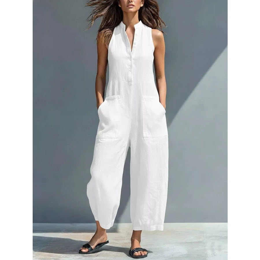Full Size Button Front Sleeveless Jumpsuit Plus White / S Apparel and Accessories