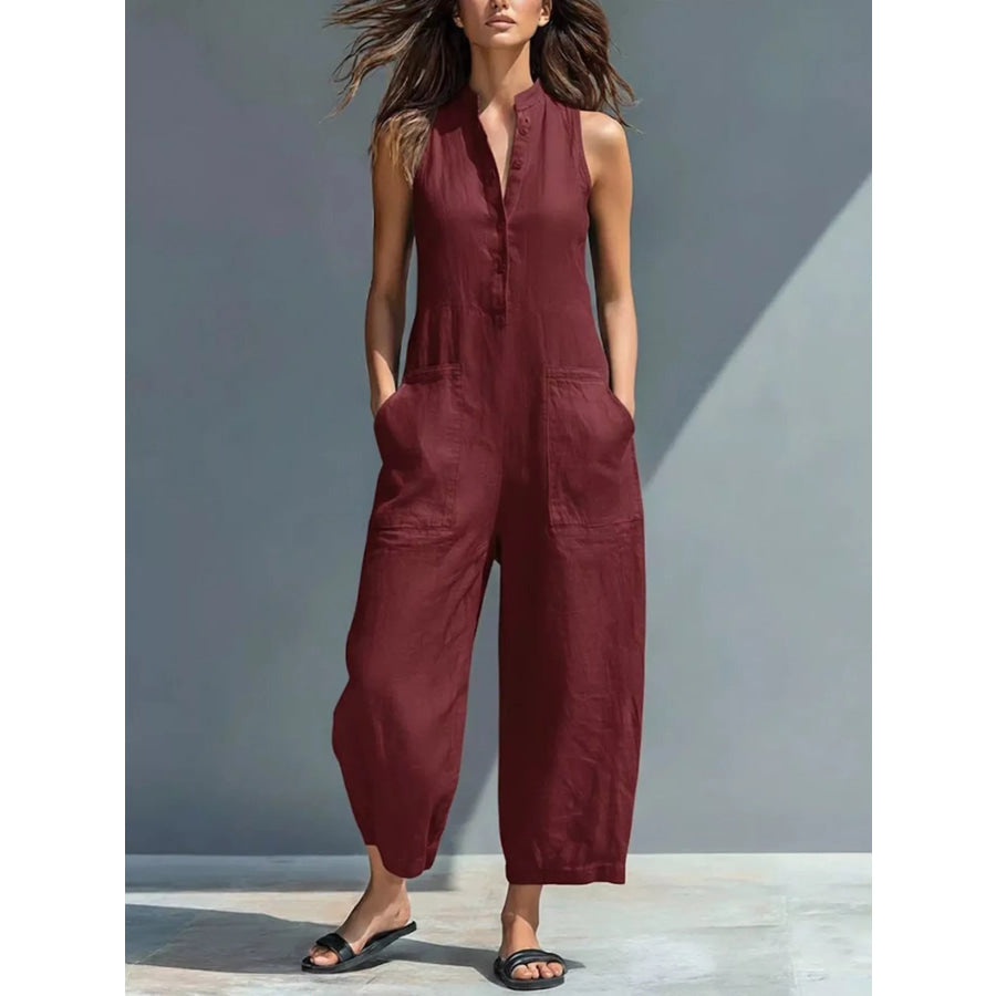 Full Size Button Front Sleeveless Jumpsuit Plus Wine Red / S Apparel and Accessories