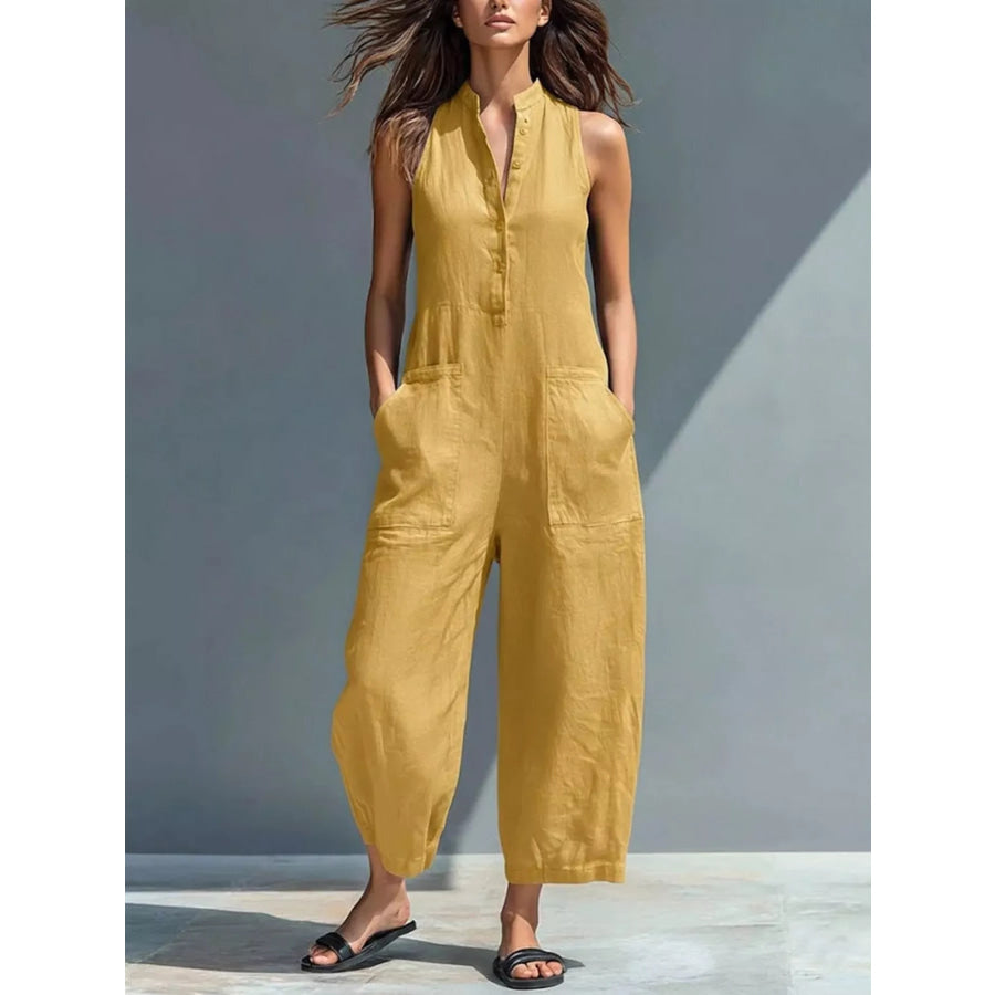 Full Size Button Front Sleeveless Jumpsuit Plus Yellow / S Apparel and Accessories