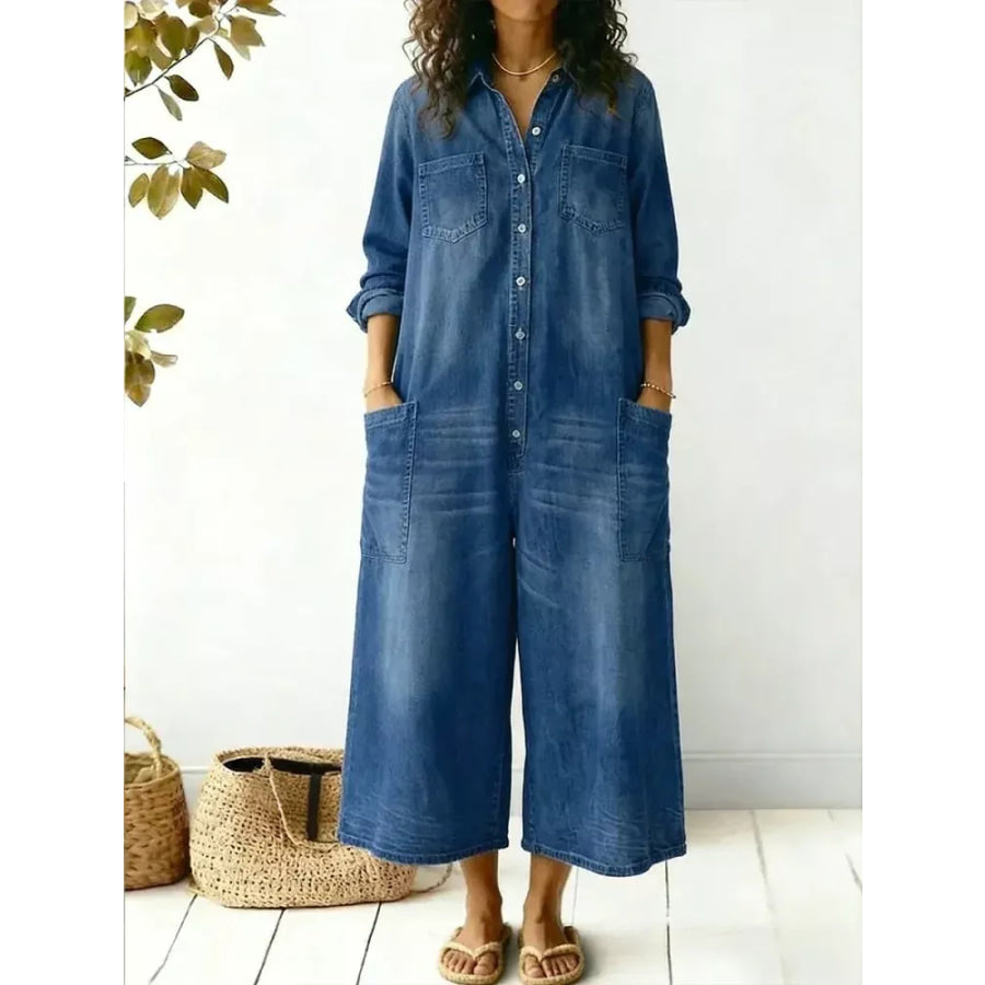 Full Size Button Front Wide Leg Jumpsuit with Chest Pockets Plus Size Apparel and Accessories