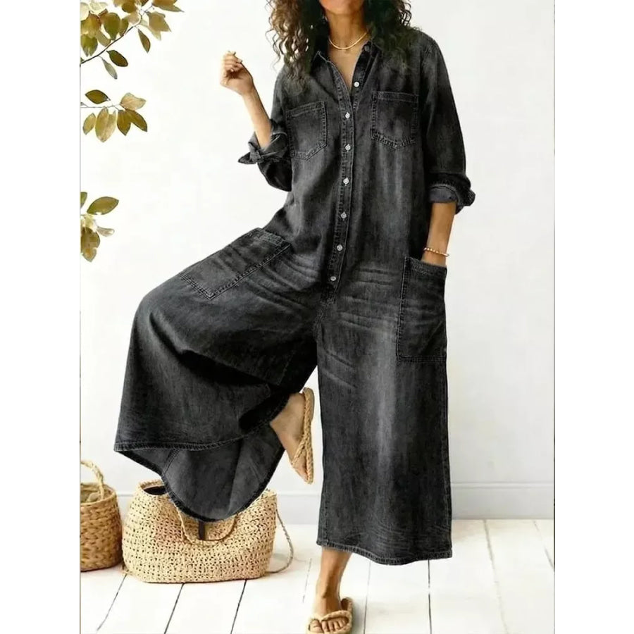 Full Size Button Front Wide Leg Jumpsuit with Chest Pockets Plus Size Black / S Apparel and Accessories