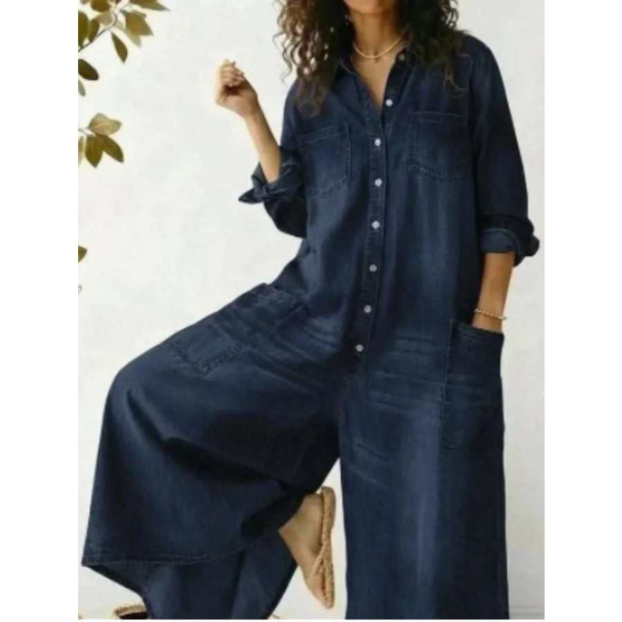 Full Size Button Front Wide Leg Jumpsuit with Chest Pockets Plus Size Navy / S Apparel and Accessories