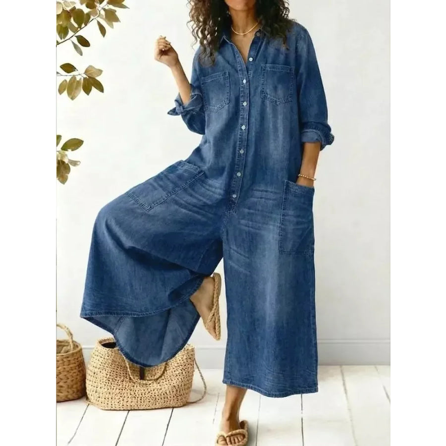 Full Size Button Front Wide Leg Jumpsuit with Chest Pockets Plus Size Sky Blue / S Apparel and Accessories