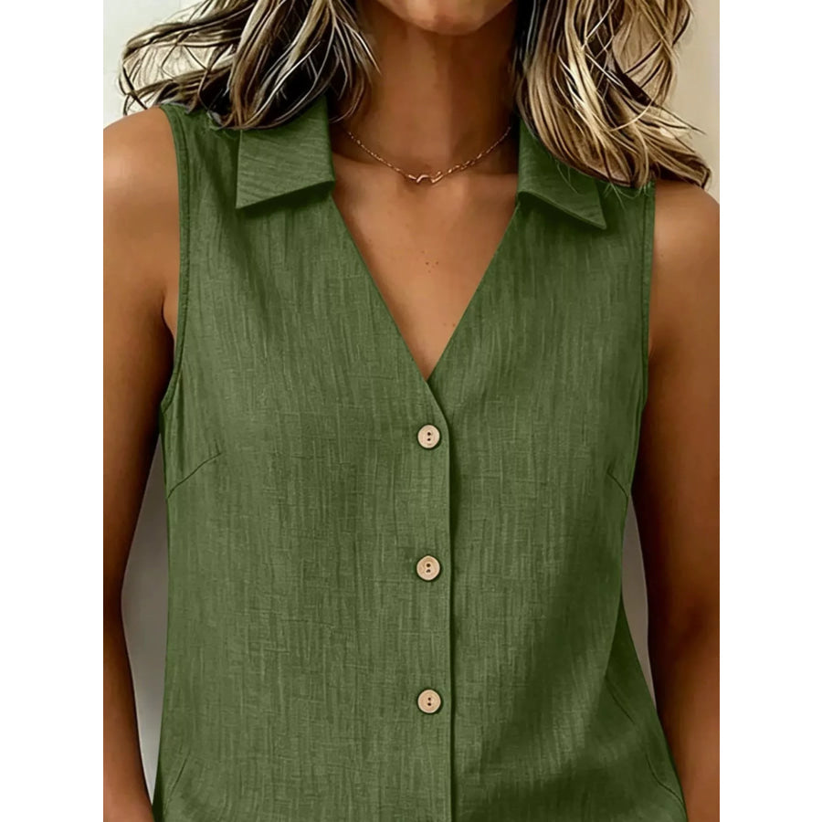Full Size Button-Up Collared Neck Sleeveless Top Plus Size Apparel and Accessories
