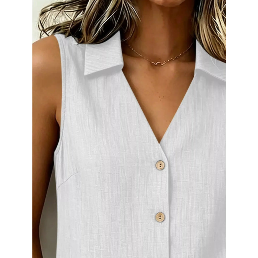 Full Size Button-Up Collared Neck Sleeveless Top Plus Size Apparel and Accessories