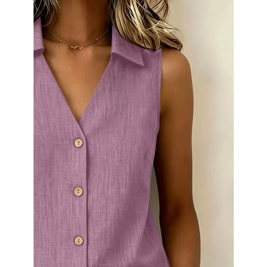 Full Size Button-Up Collared Neck Sleeveless Top Plus Size Apparel and Accessories