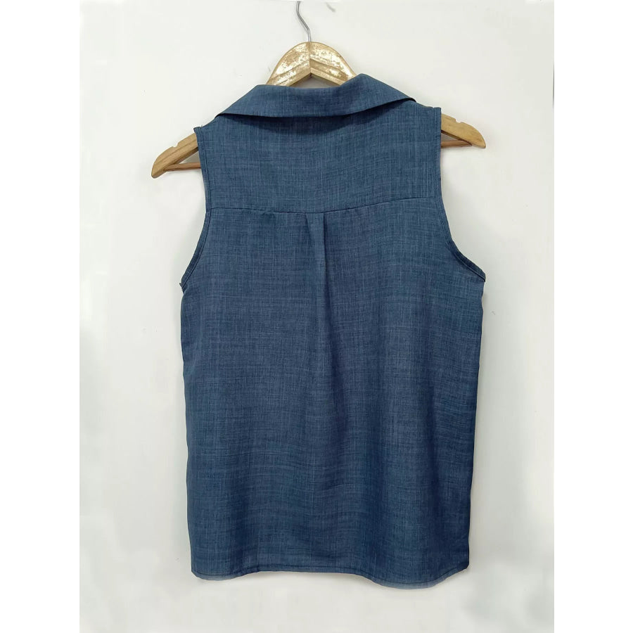Full Size Button-Up Collared Neck Sleeveless Top Plus Size Apparel and Accessories