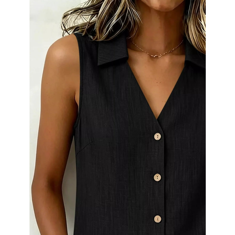 Full Size Button-Up Collared Neck Sleeveless Top Plus Size Apparel and Accessories