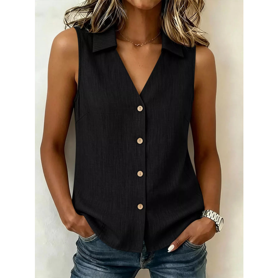 Full Size Button-Up Collared Neck Sleeveless Top Plus Size Black / S Apparel and Accessories