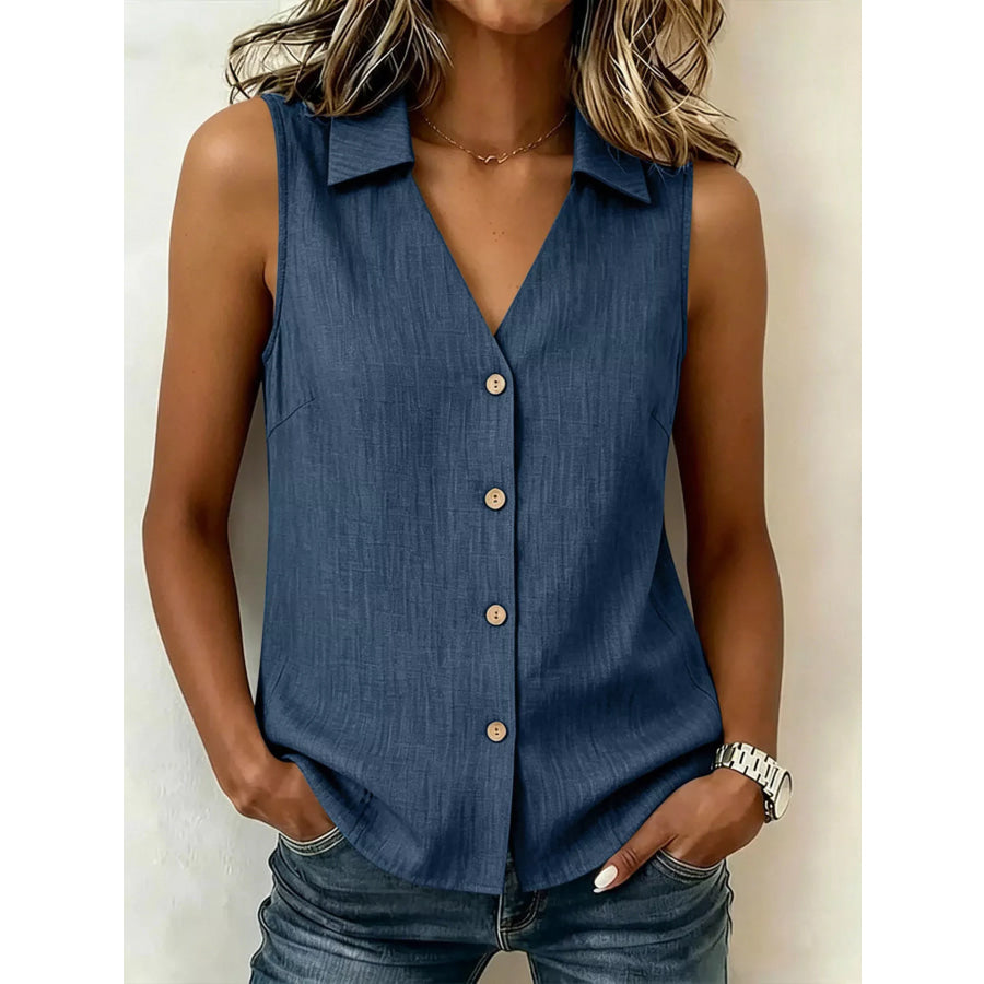 Full Size Button-Up Collared Neck Sleeveless Top Plus Size Navy / S Apparel and Accessories
