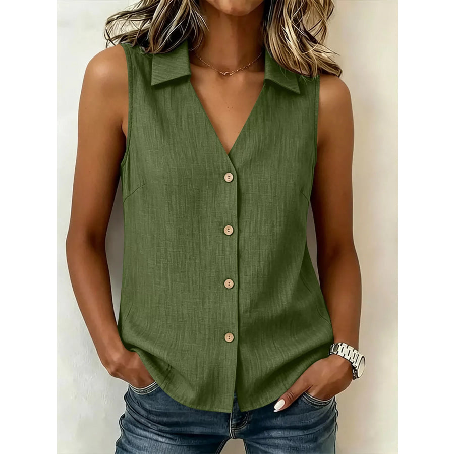 Full Size Button-Up Collared Neck Sleeveless Top Plus Size Olive / S Apparel and Accessories