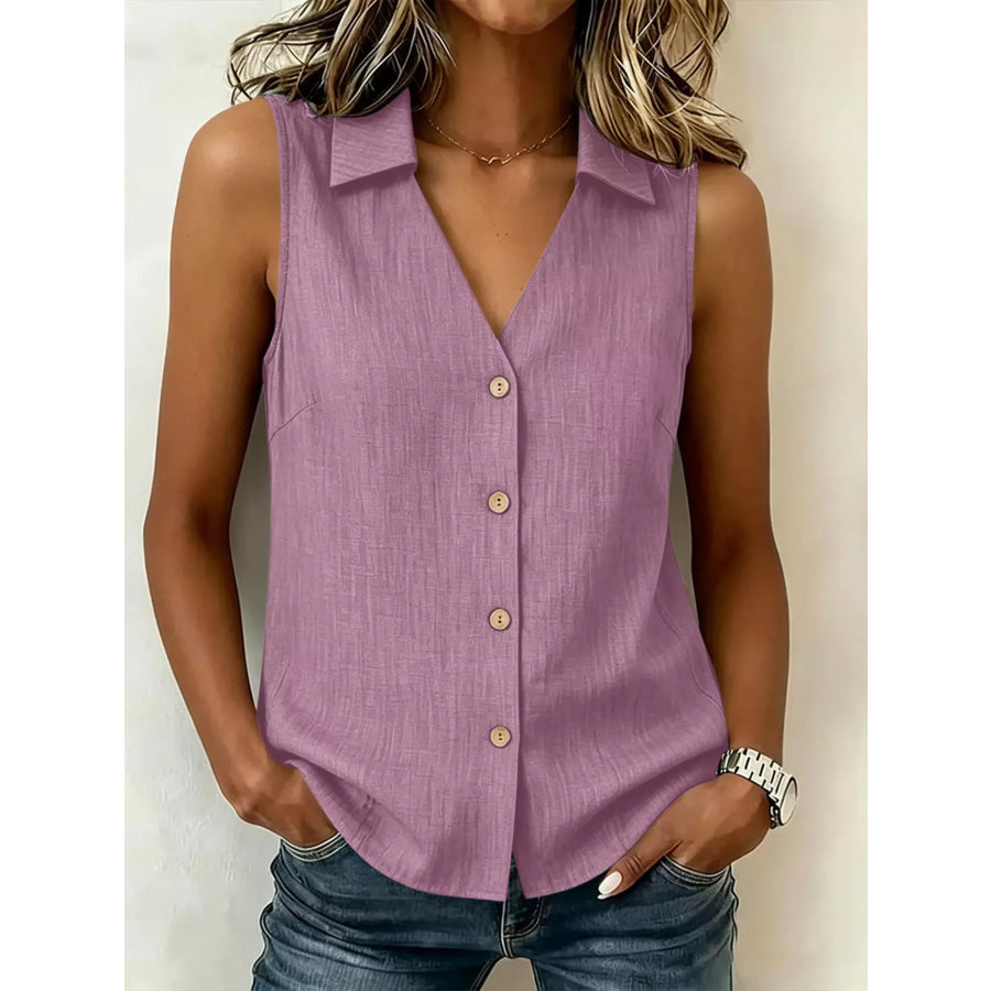 Full Size Button-Up Collared Neck Sleeveless Top Plus Size Pink / S Apparel and Accessories