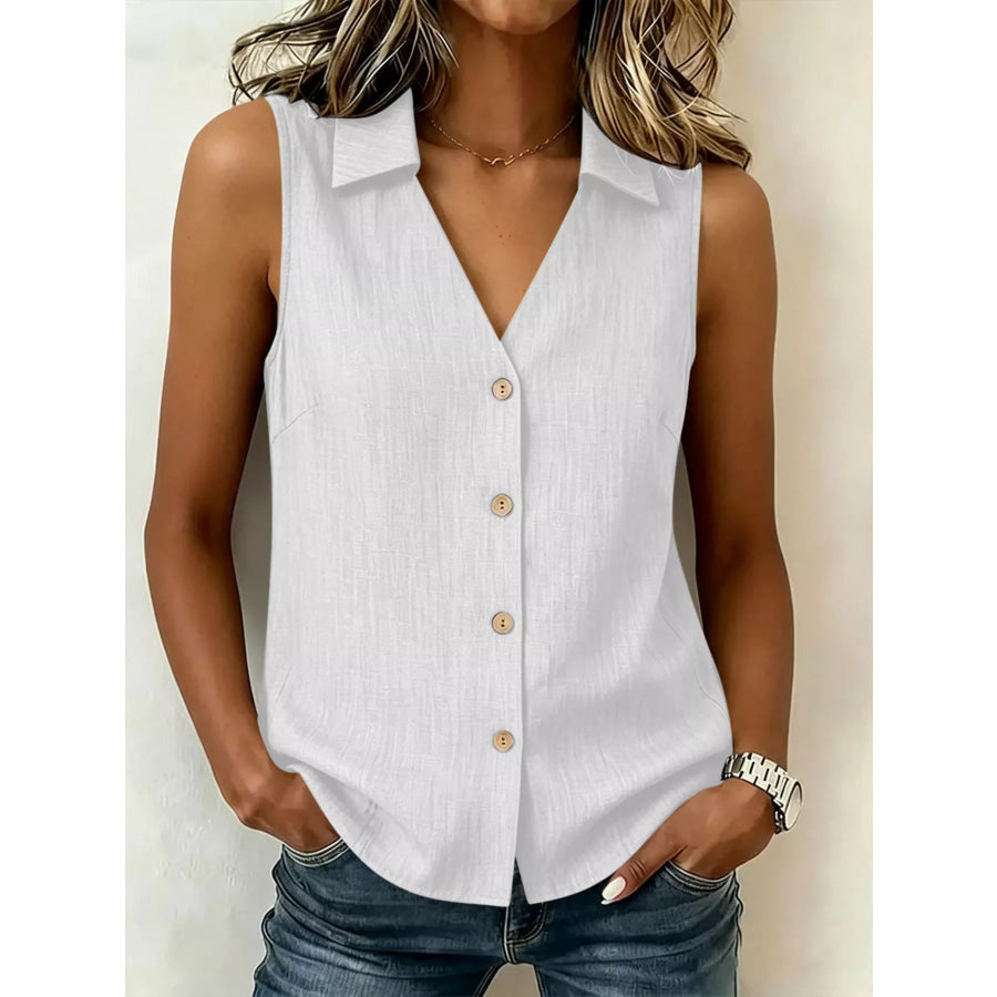 Full Size Button-Up Collared Neck Sleeveless Top Plus Size White / S Apparel and Accessories