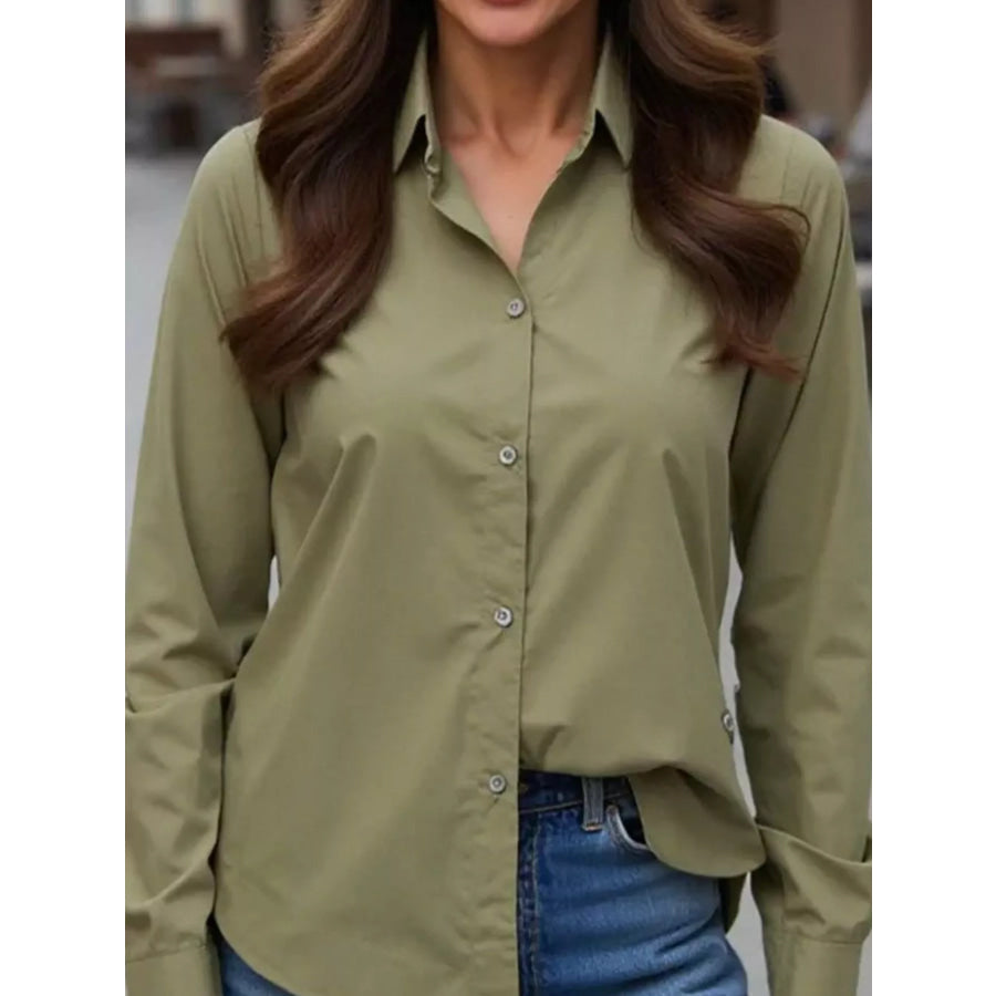 Full Size Button Up Long Sleeve Shirt Plus Olive Green / S Apparel and Accessories