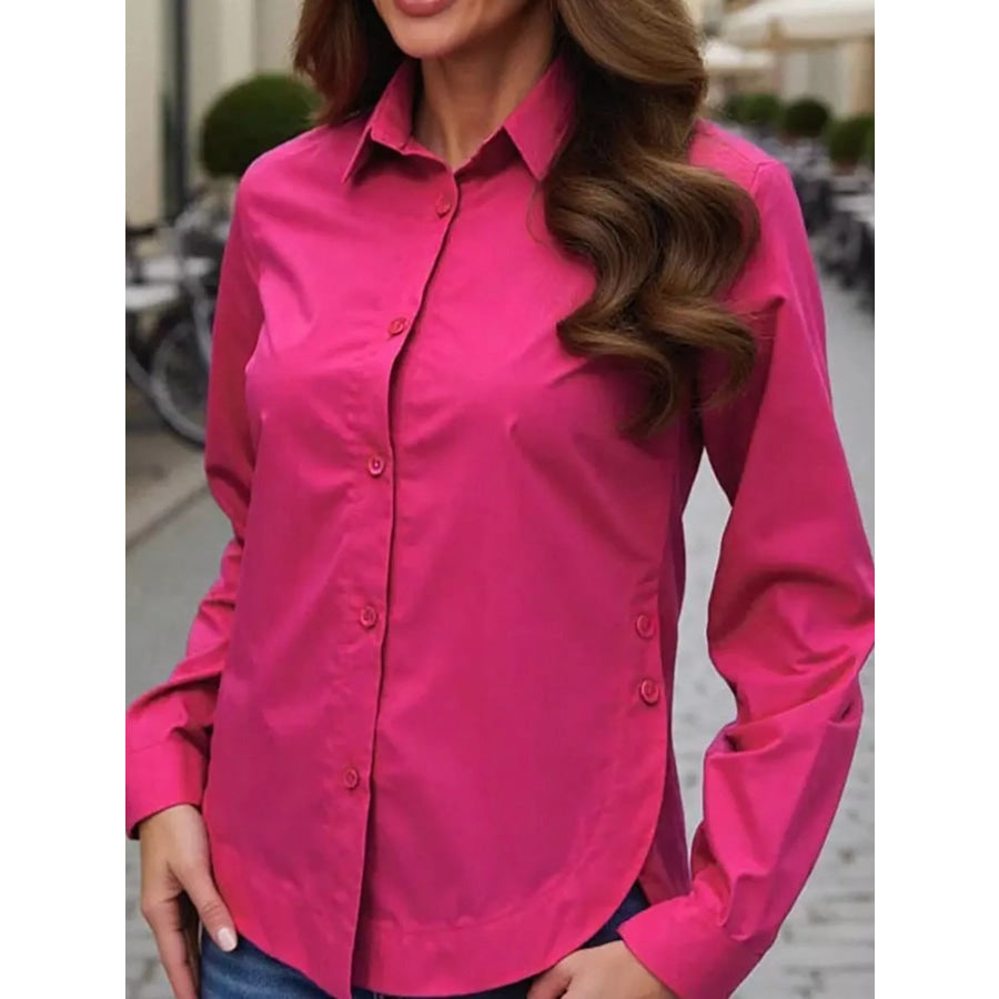 Full Size Button Up Long Sleeve Shirt Plus Rose Red / S Apparel and Accessories