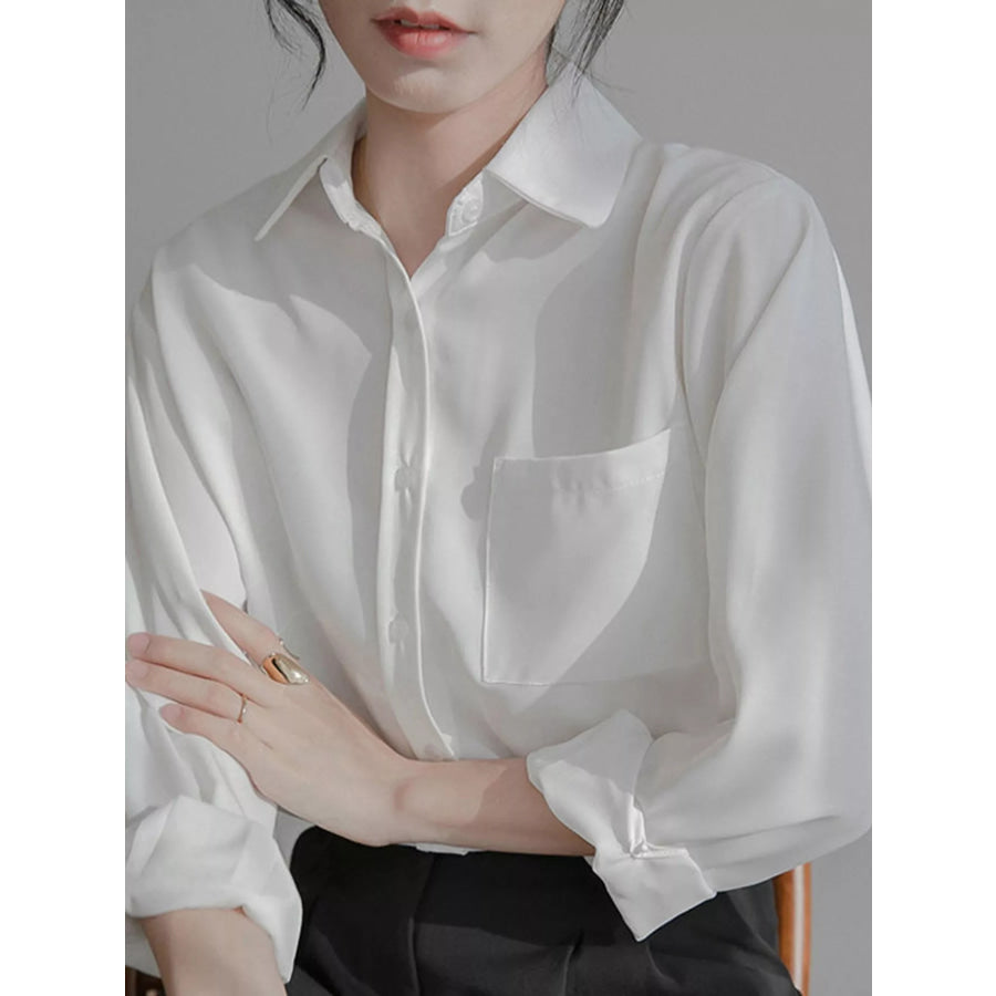 Full Size Button Up Long Sleeve Shirt Plus White / S Apparel and Accessories