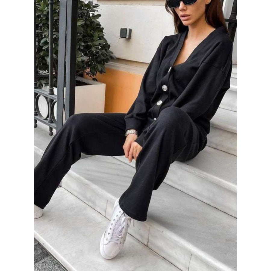 Full Size Button Up Long Sleeve Top and Pants Set Black / S Apparel and Accessories