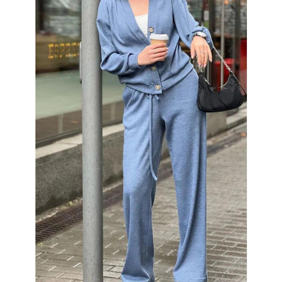 Full Size Button Up Long Sleeve Top and Pants Set Dusty Blue / S Apparel and Accessories