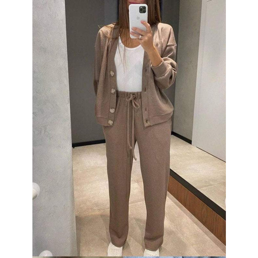 Full Size Button Up Long Sleeve Top and Pants Set Taupe / S Apparel and Accessories