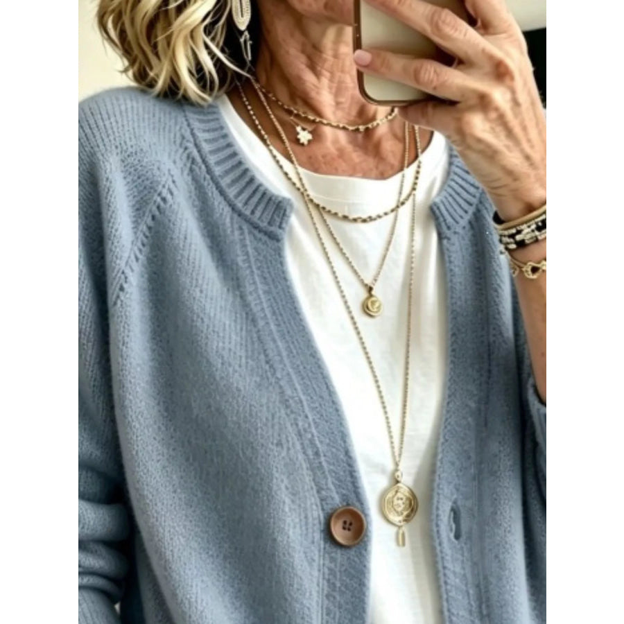 Full Size Button Up Raglan Sleeve Cardigan Plus Apparel and Accessories