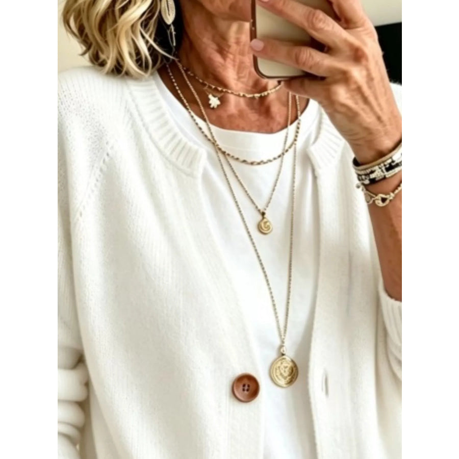 Full Size Button Up Raglan Sleeve Cardigan Plus White / XS Apparel and Accessories