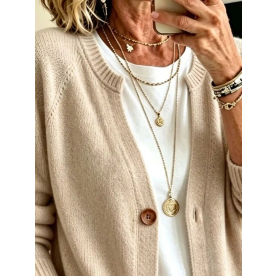 Full Size Button Up Raglan Sleeve Cardigan Plus Apparel and Accessories