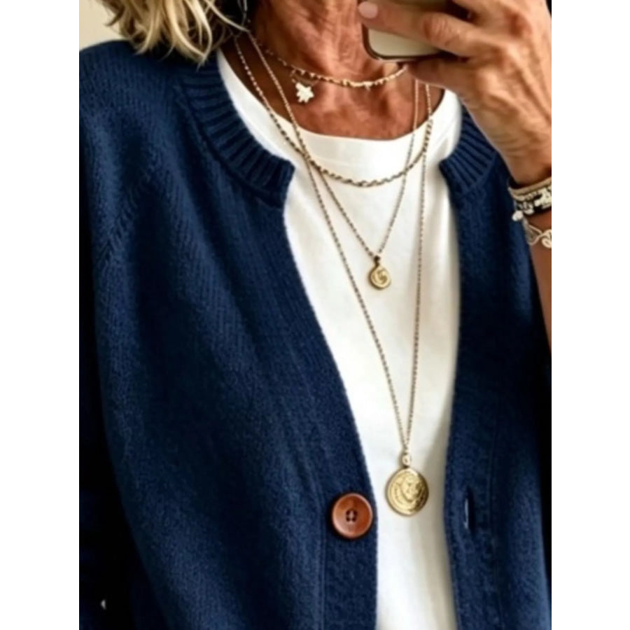 Full Size Button Up Raglan Sleeve Cardigan Plus Apparel and Accessories