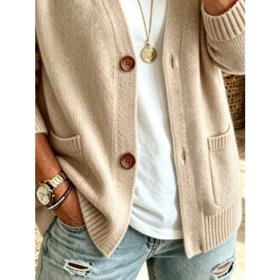 Full Size Button Up Raglan Sleeve Cardigan Plus Apparel and Accessories