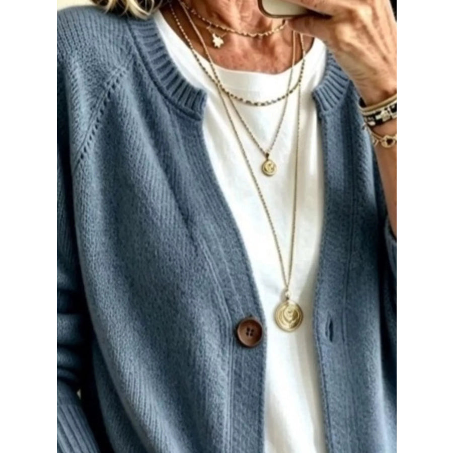 Full Size Button Up Raglan Sleeve Cardigan Plus Apparel and Accessories