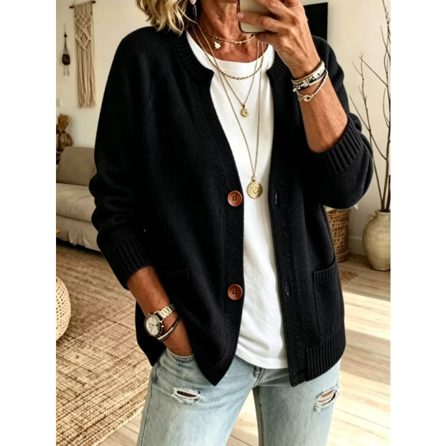 Full Size Button Up Raglan Sleeve Cardigan Plus Black / XS Apparel and Accessories