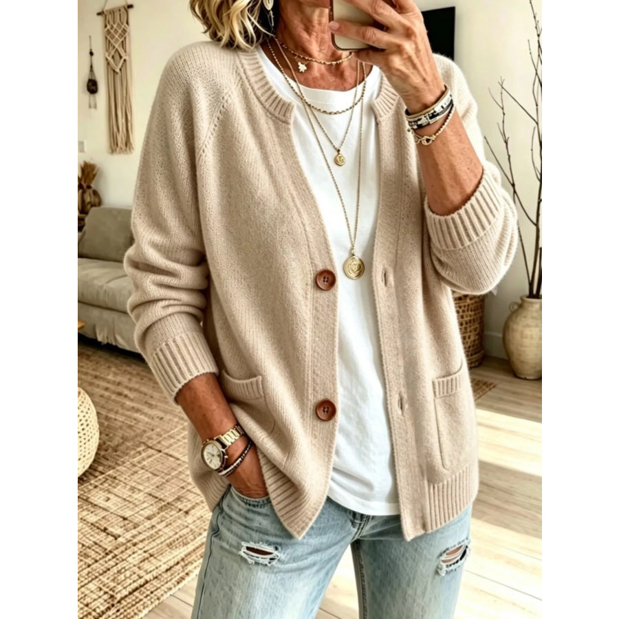 Full Size Button Up Raglan Sleeve Cardigan Plus Khaki / XS Apparel and Accessories