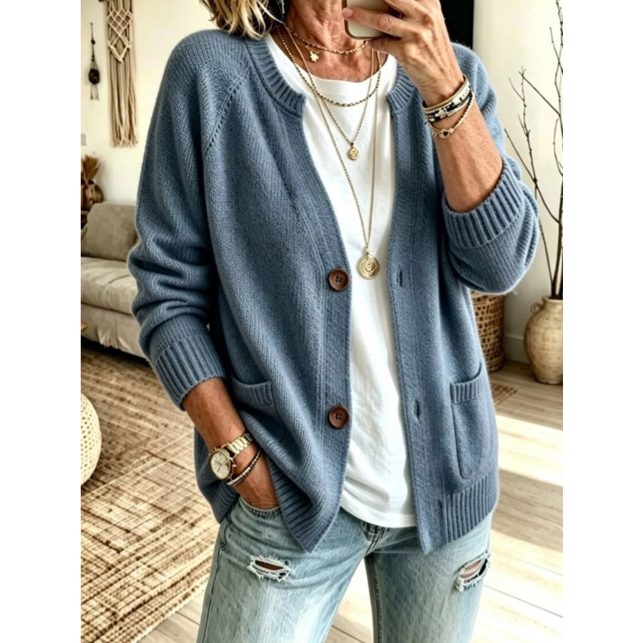 Full Size Button Up Raglan Sleeve Cardigan Plus Sea Blue / XS Apparel and Accessories