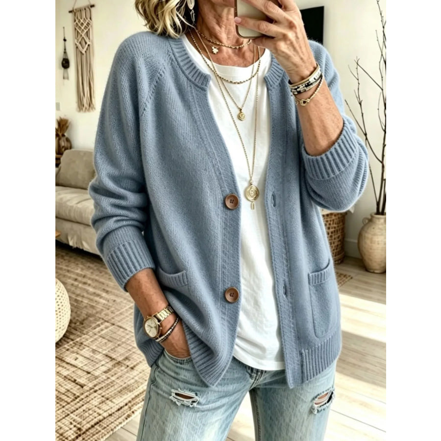 Full Size Button Up Raglan Sleeve Cardigan Plus Sky Blue / XS Apparel and Accessories