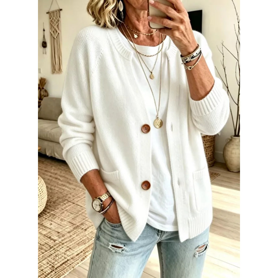 Full Size Button Up Raglan Sleeve Cardigan Plus White / XS Apparel and Accessories