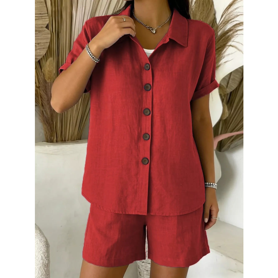 Full Size Button-Up Shirt and Shorts Set Plus Size Burgundy / S Apparel and Accessories