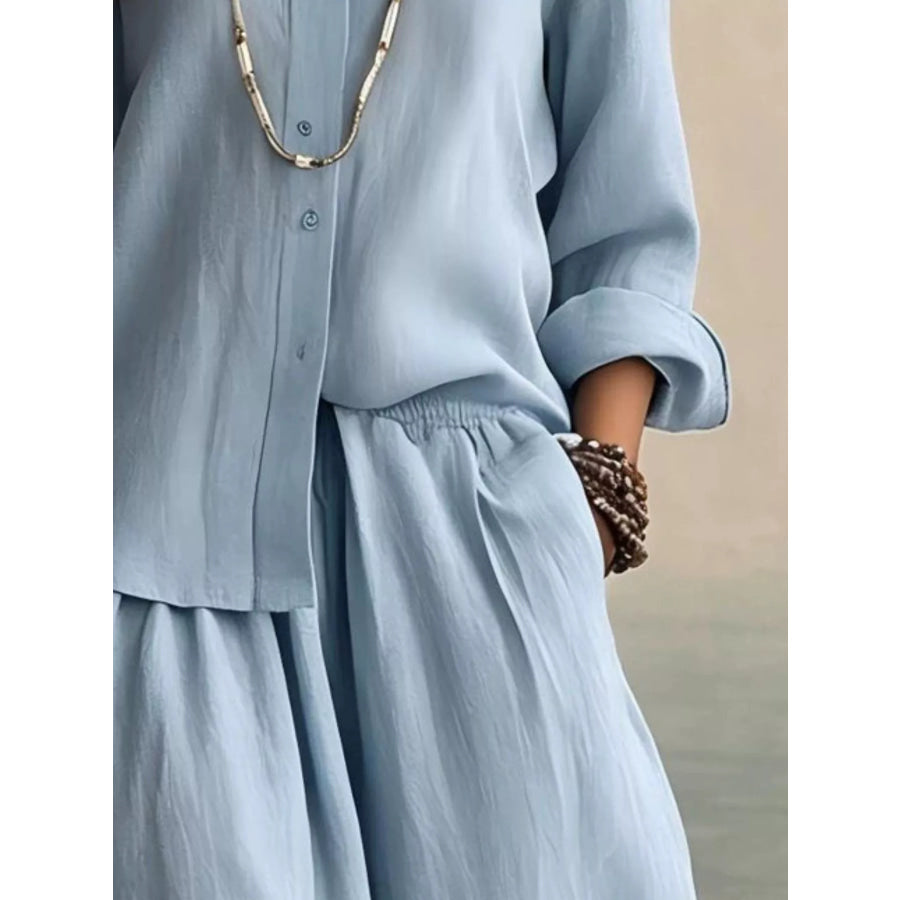 Full Size Button Up Shirt and Wide-Leg Pants Set Plus Size Apparel and Accessories