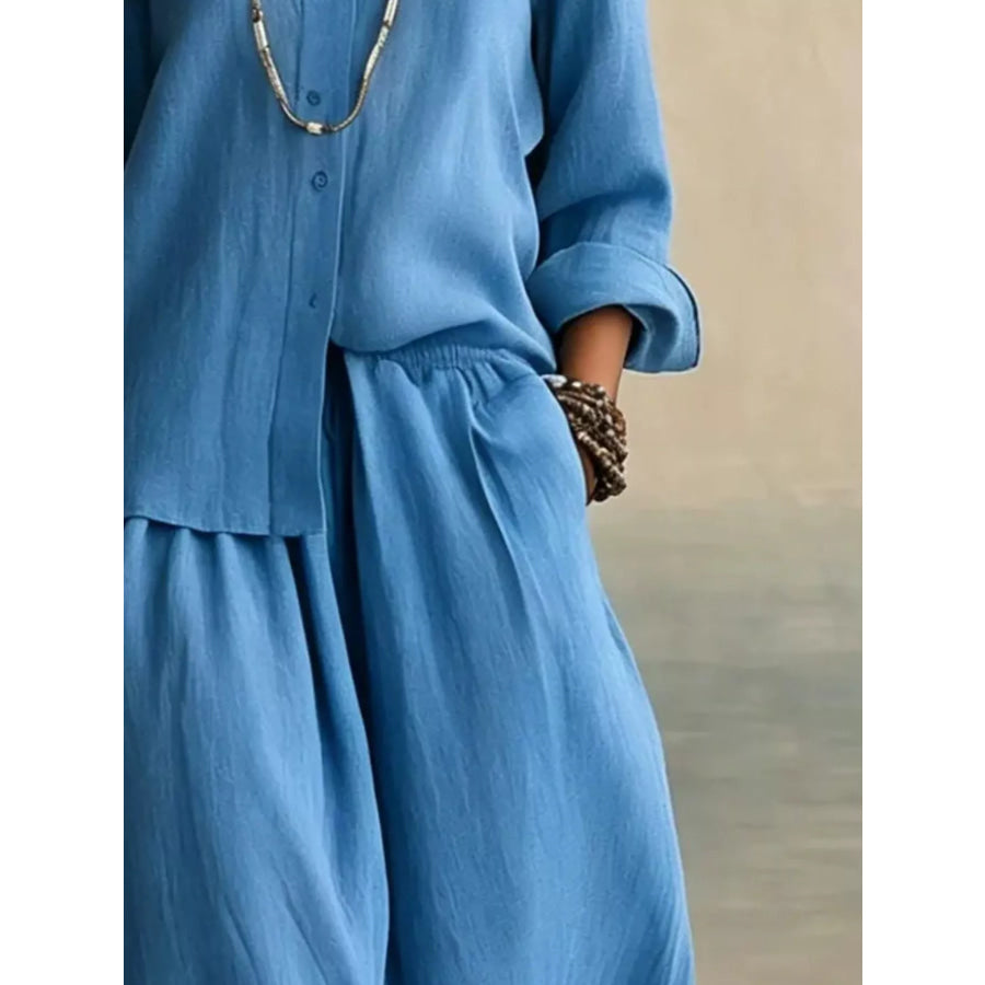 Full Size Button Up Shirt and Wide-Leg Pants Set Plus Size Blue / XS Apparel and Accessories