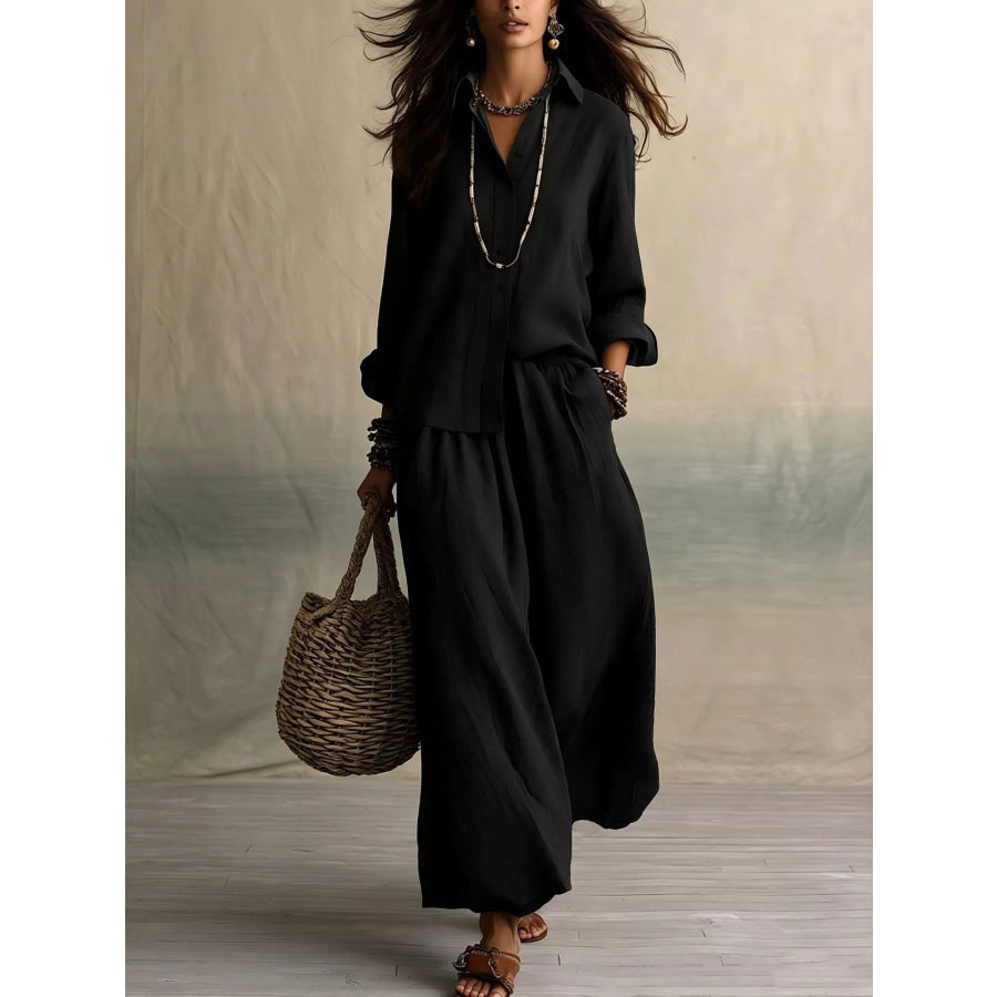 Full Size Button Up Shirt and Wide-Leg Pants Set Plus Size Black / XS Apparel and Accessories