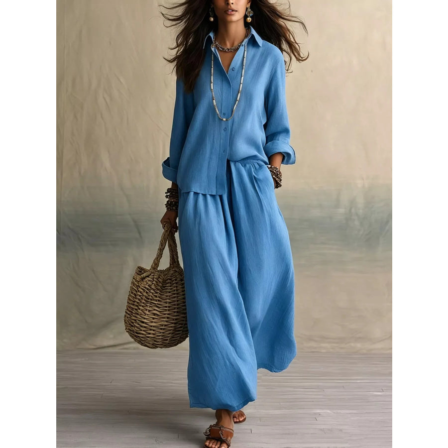 Full Size Button Up Shirt and Wide-Leg Pants Set Plus Size Blue / XS Apparel and Accessories