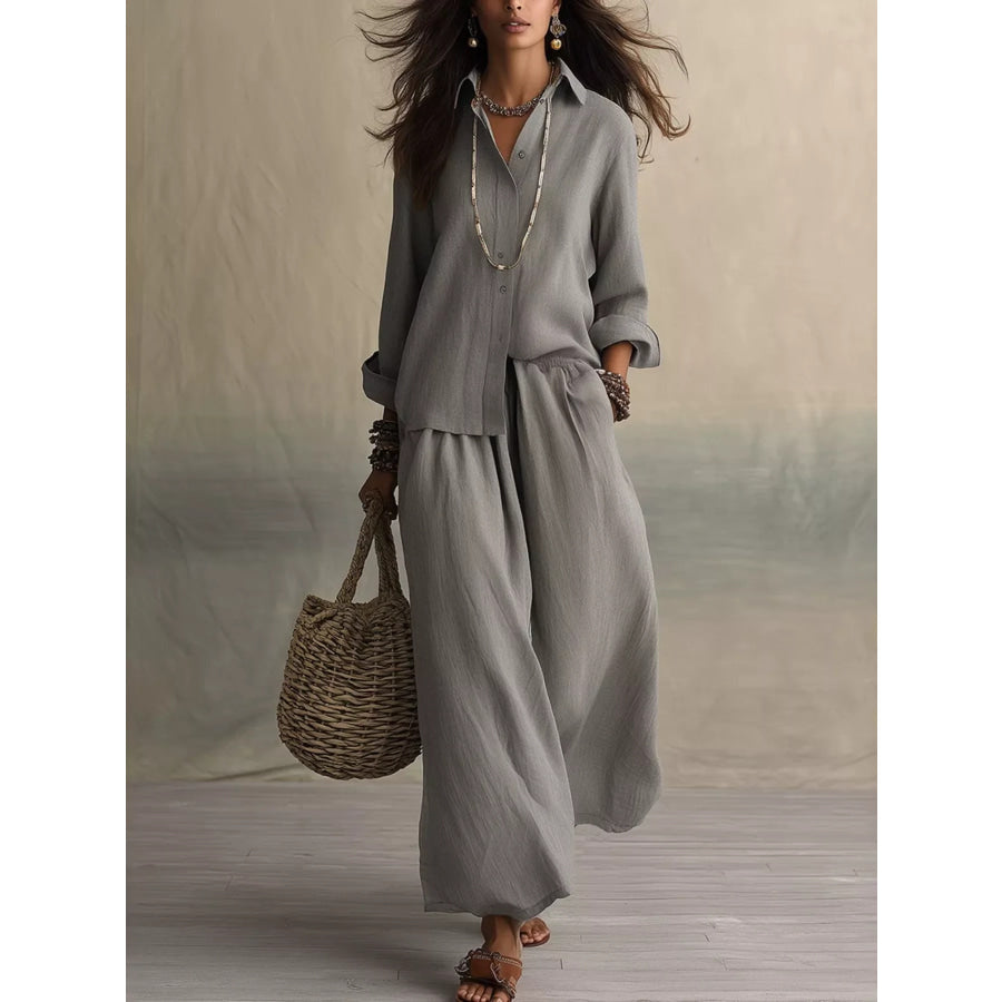 Full Size Button Up Shirt and Wide-Leg Pants Set Plus Size Grey / XS Apparel and Accessories