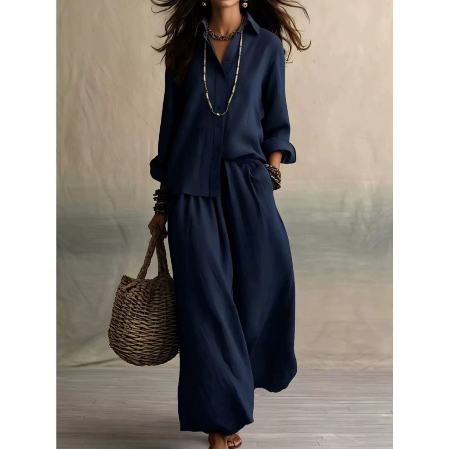 Full Size Button Up Shirt and Wide-Leg Pants Set Plus Size Navy Blue / XS Apparel and Accessories