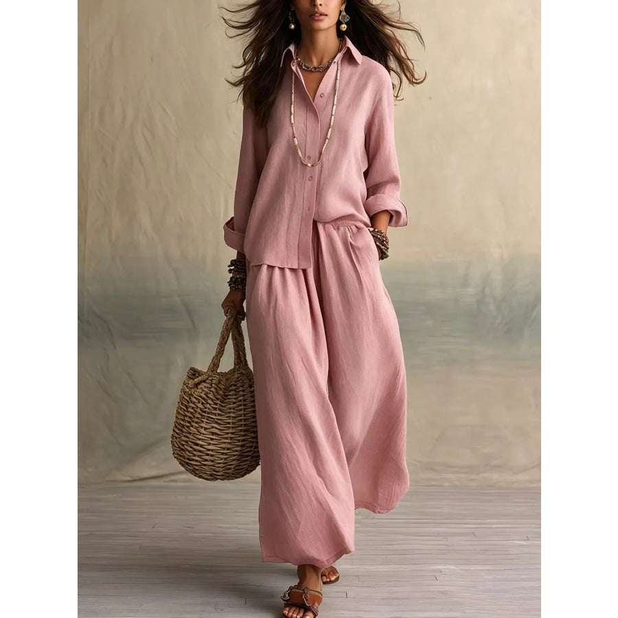 Full Size Button Up Shirt and Wide-Leg Pants Set Plus Size Pink / XS Apparel and Accessories