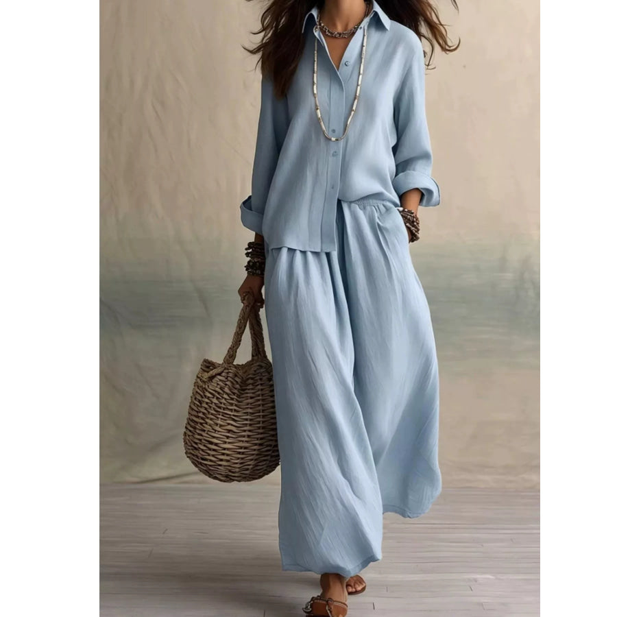 Full Size Button Up Shirt and Wide-Leg Pants Set Plus Size Sky Blue / XS Apparel and Accessories