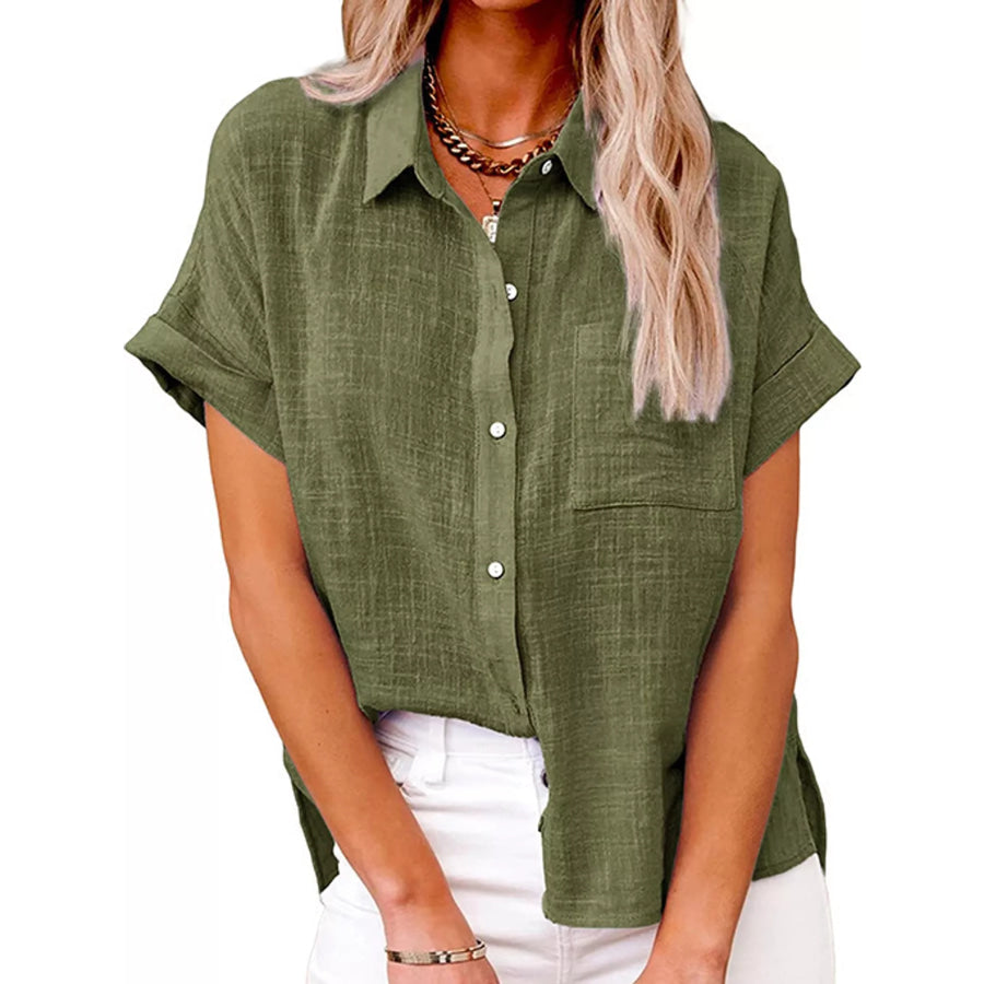 Full Size Button Up Short Sleeve Shirt Plus Army Green / S Apparel and Accessories