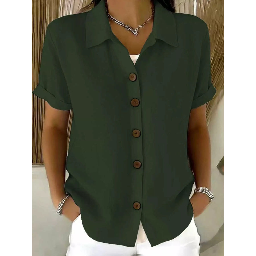 Full Size Button Up Short Sleeve Shirt Plus Size Army Green / S Apparel and Accessories