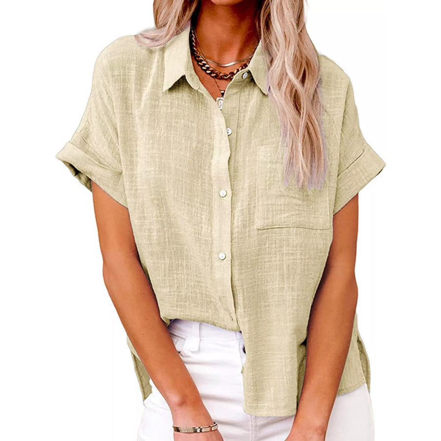 Full Size Button Up Short Sleeve Shirt Plus Beige / S Apparel and Accessories