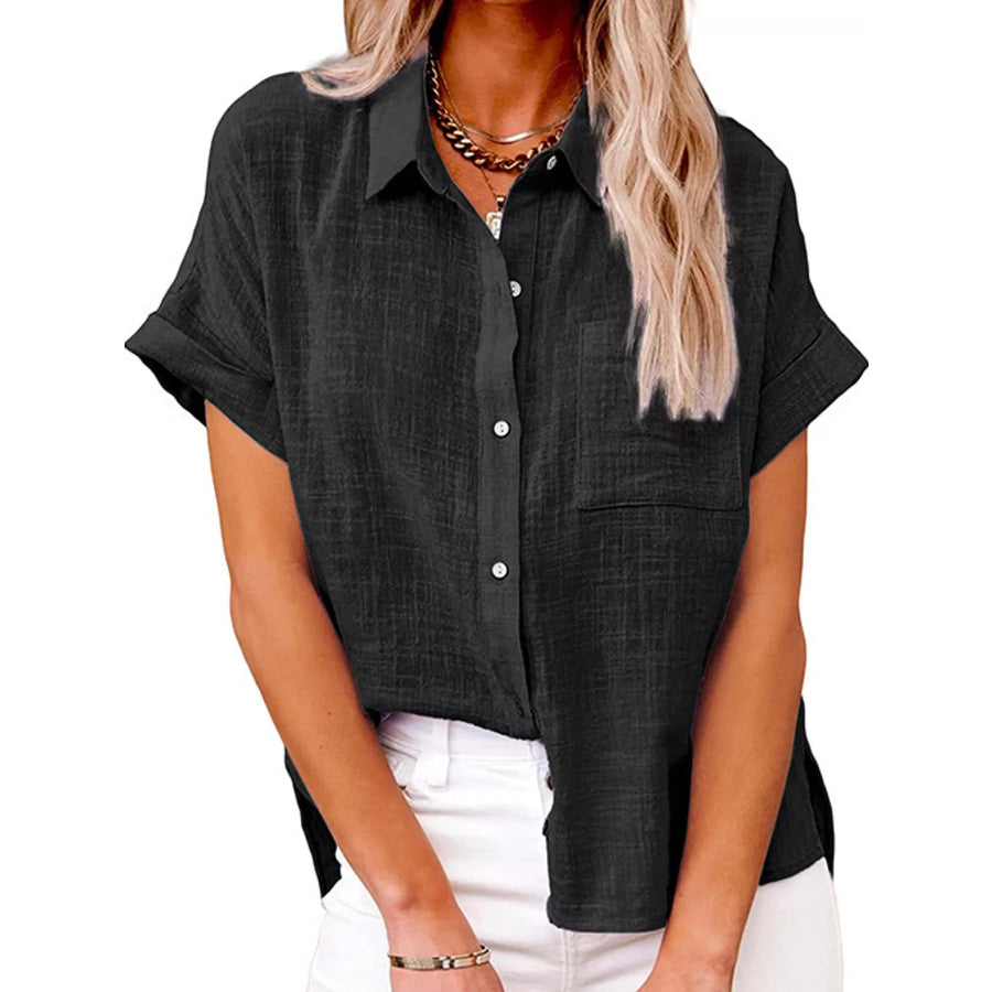 Full Size Button Up Short Sleeve Shirt Plus Black / S Apparel and Accessories
