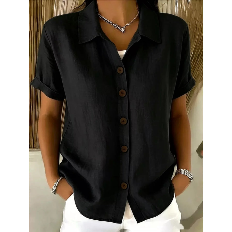Full Size Button Up Short Sleeve Shirt Plus Size Black / S Apparel and Accessories